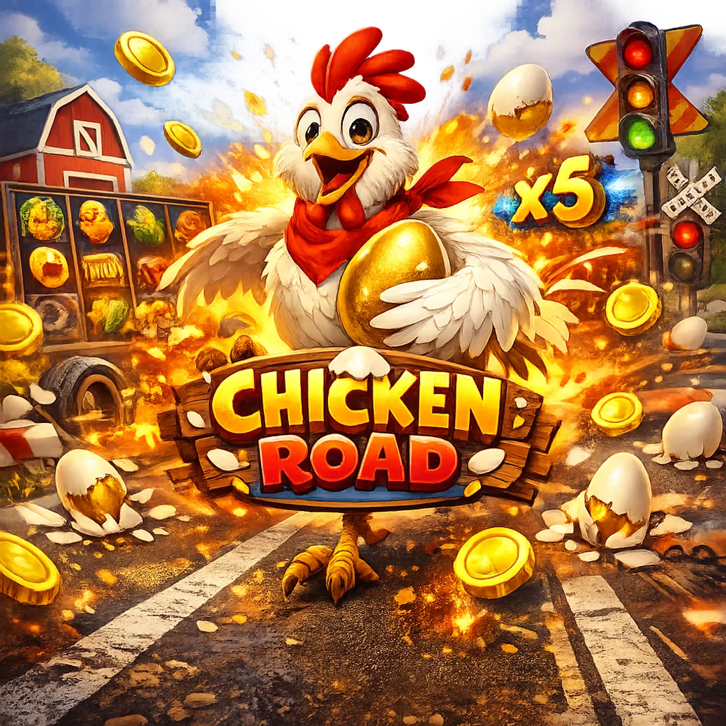 Dynamic promo image of Chicken Road slot game with a funny chicken, road lanes, feathers and coins.